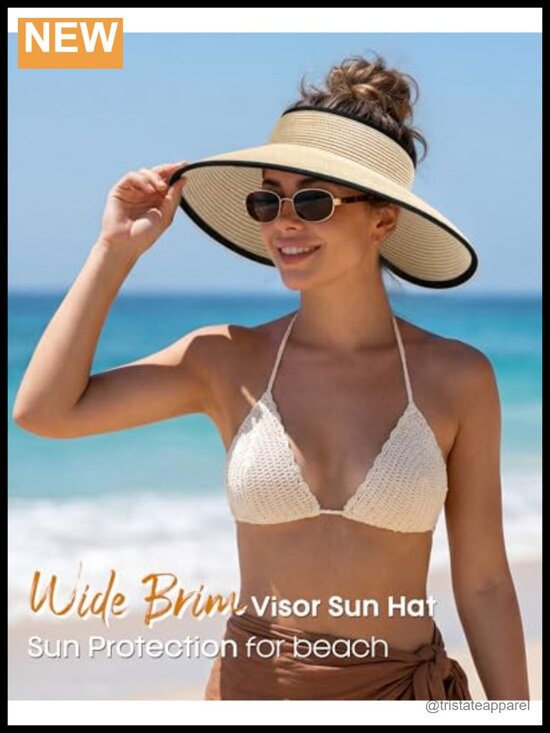 Wide Brim Straw Sun Visor Hat UPF 50+ Ponytail Packable Beach Travel